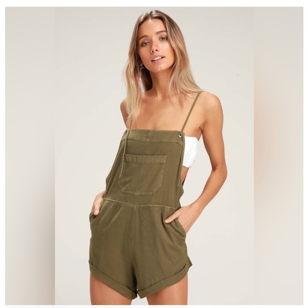 Billabong Wild Pursuit Olive Green Short Overalls Romper Womens XL Cotton Blend